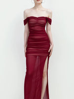 Load image into Gallery viewer, Off Shoulder Gathered Slit Gown in Red
