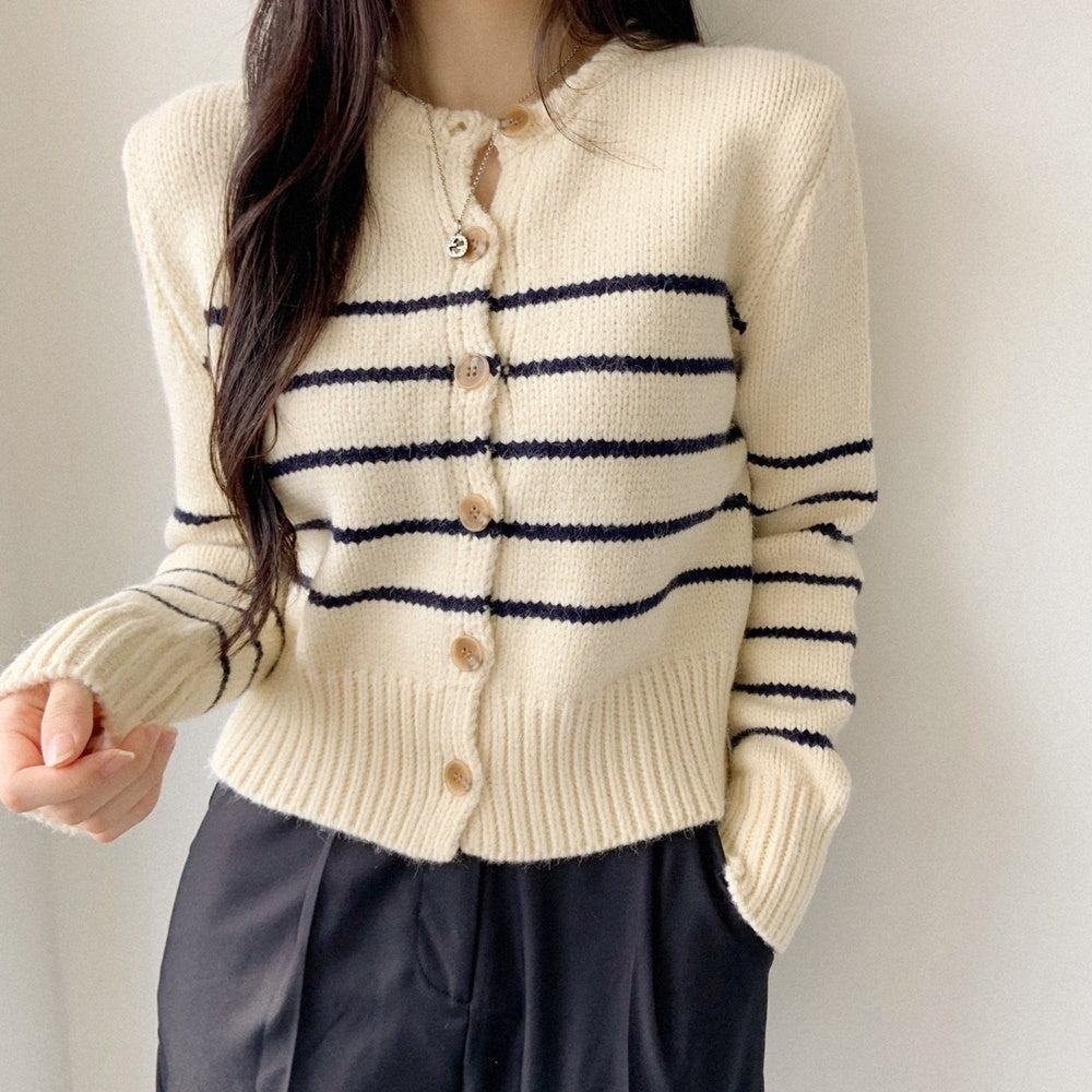 Korean Woolly Striped Cardigan in Cream/Black