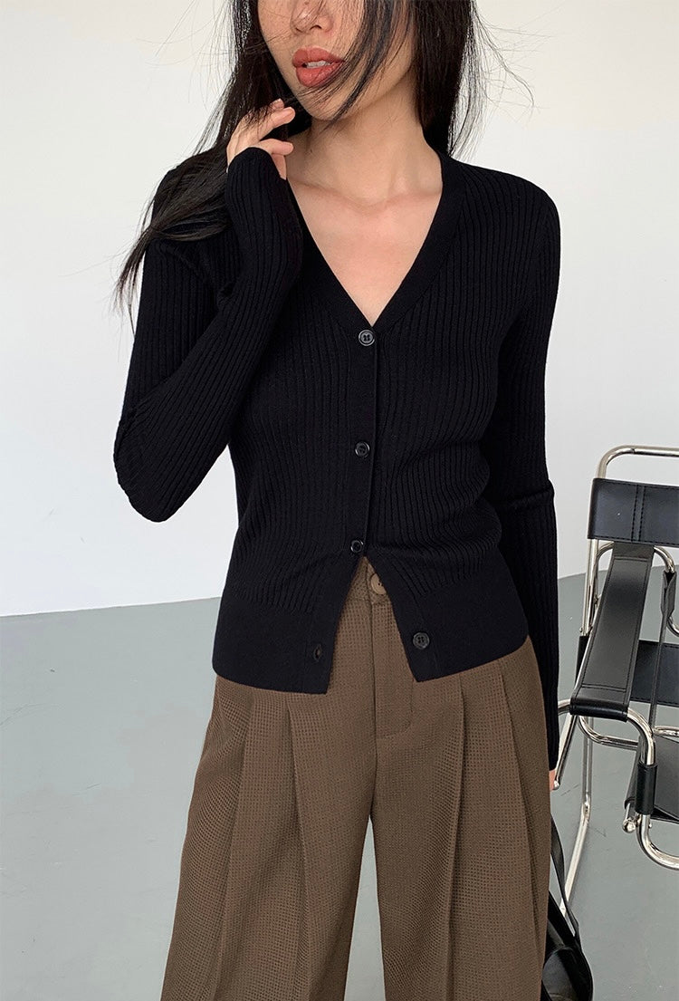 Ribbed Button Cardigan Top in Black