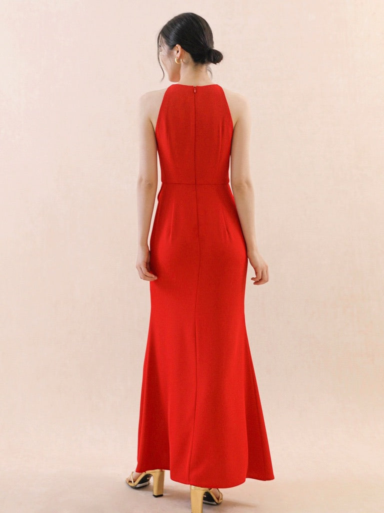 Ruffle Slit Maxi Dress in Red