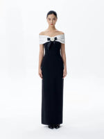 Load image into Gallery viewer, Off Shoulder Contrast Stretch Gown in Black
