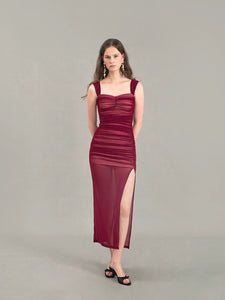 2-Way Shirring Slit Dress in Red