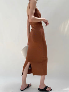 Knitted Cami Slip Dress in Brown