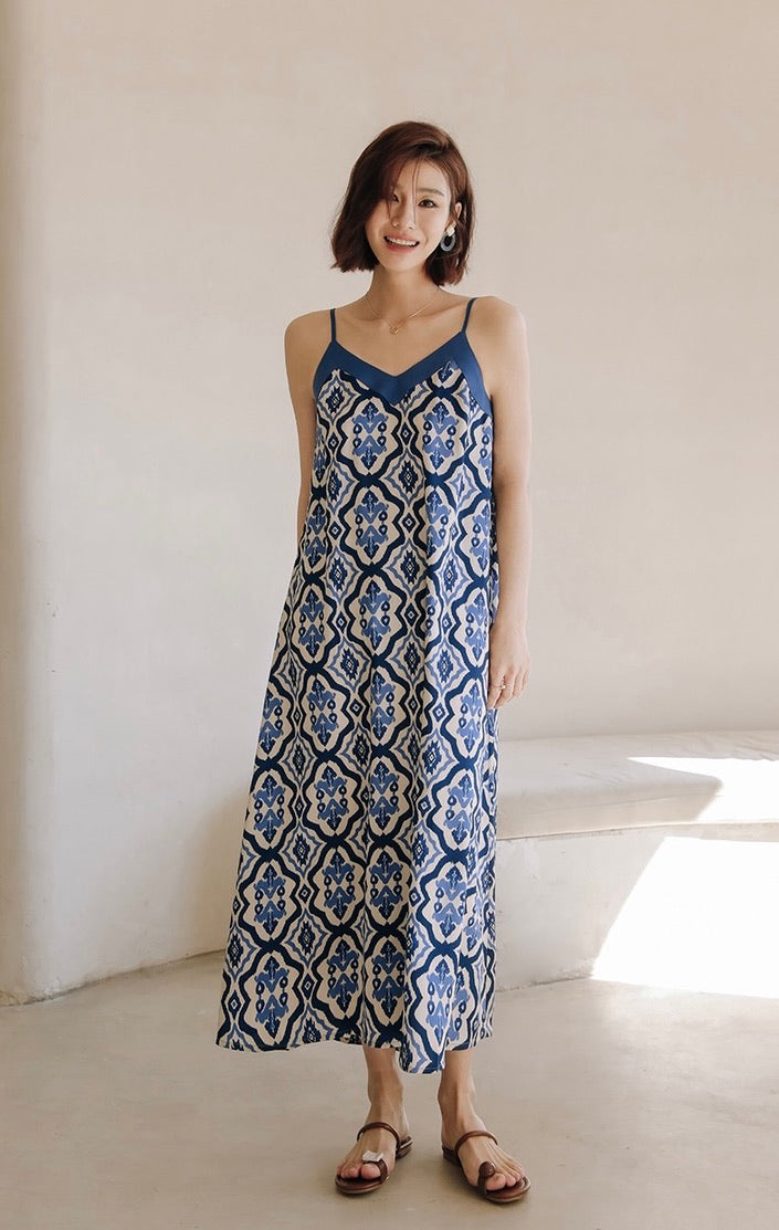 Satin Printed Cami Maxi Dress in Blue