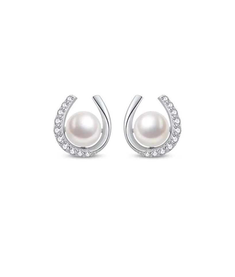 Horseshoe Pearl Diamante Earrings