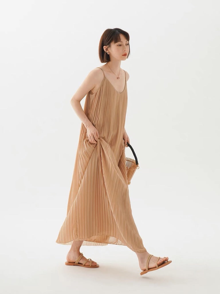 Pleated V Cami Maxi Dress in Latte