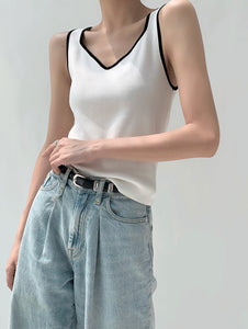 Contrast Edge Knit Tank Top in White