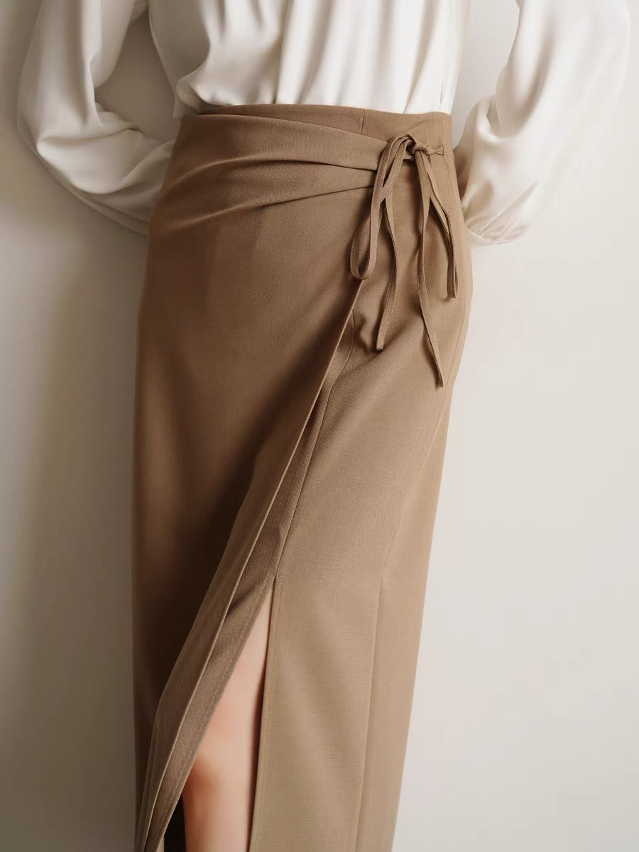 Midi Wrap Tie Slit Skirt in Tan