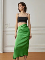 Load image into Gallery viewer, High Waist Gathered Satin Skirt in Green
