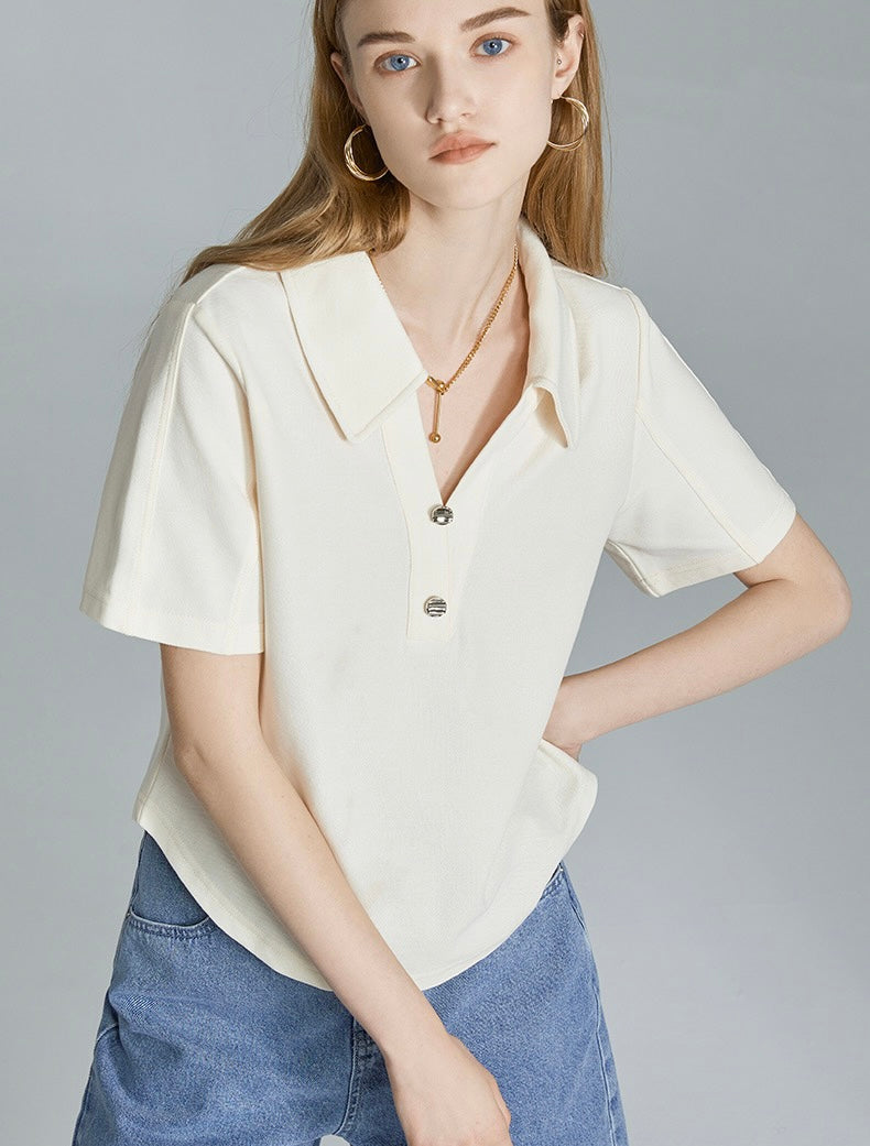 Embellished Button Polo Top in Cream