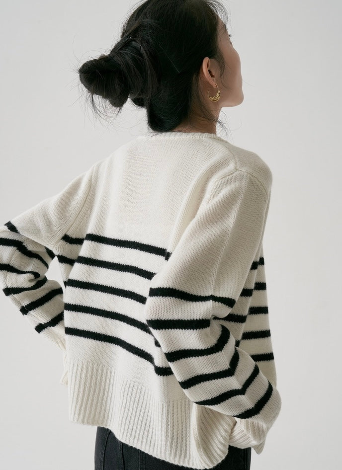 Mid Stripe Wool Cardigan in Black