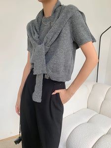 Woolly Knitted Top + Shawl Set in Grey