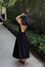 Load image into Gallery viewer, Cross Tie Back Bubble Maxi Dress in Black
