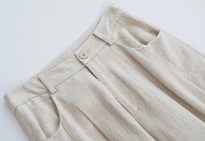 Linen Blend Tie Top + Trousers Set in Beige