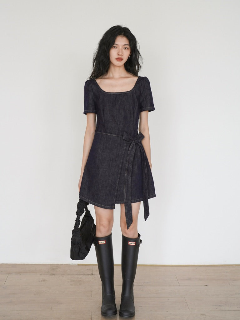 Denim Wrap Dress in Navy