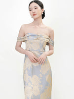 Load image into Gallery viewer, Off Shoulder Floral Gown in Blue/Gold
