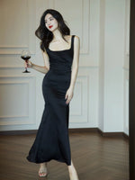 Load image into Gallery viewer, Satin Sleeveless Flare Slit Dress in Black
