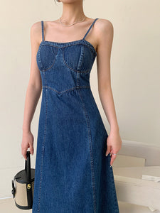 Denim Bustier Cami Maxi Dress in Blue