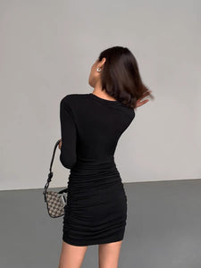 Mini Shirring Bodycon Dress in Black