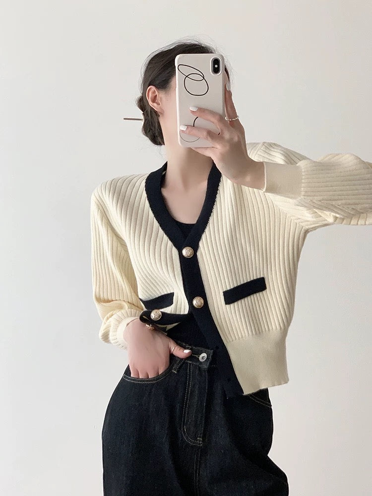 Contrast Ribbed Cardigan in Cream