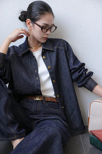 Denim Shirt + Skirt + Trousers Set in Navy