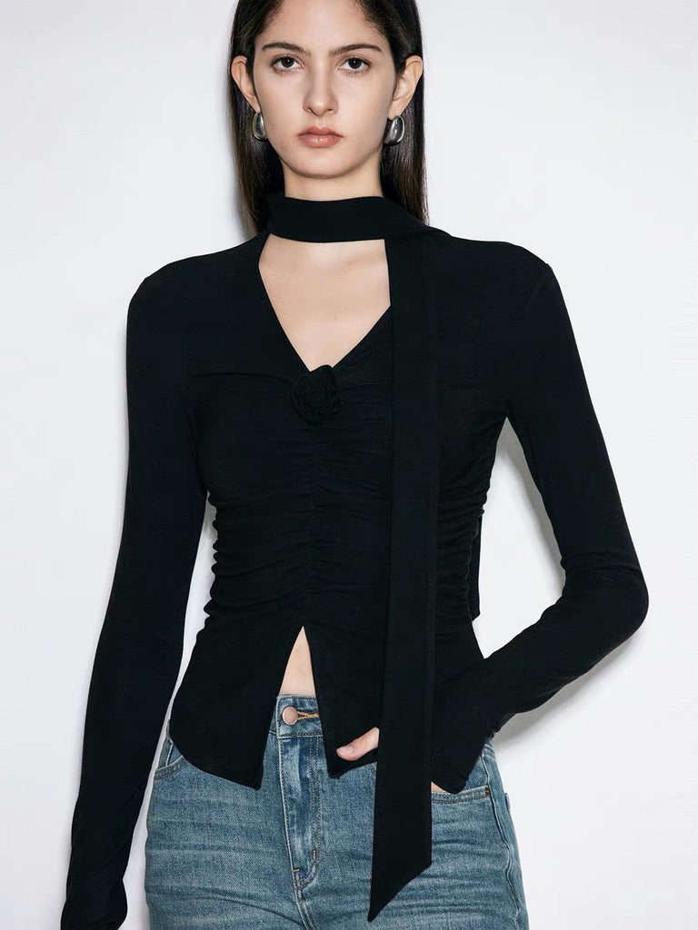 Asymmetric Hem Top + Neck Tie in Black