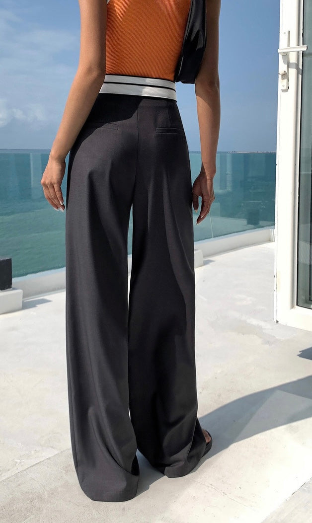 High Rise Contrast Wide Leg Trousers in Grey