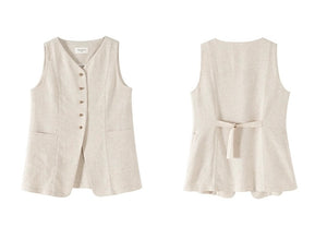 Linen Long Pocket Vest in Beige