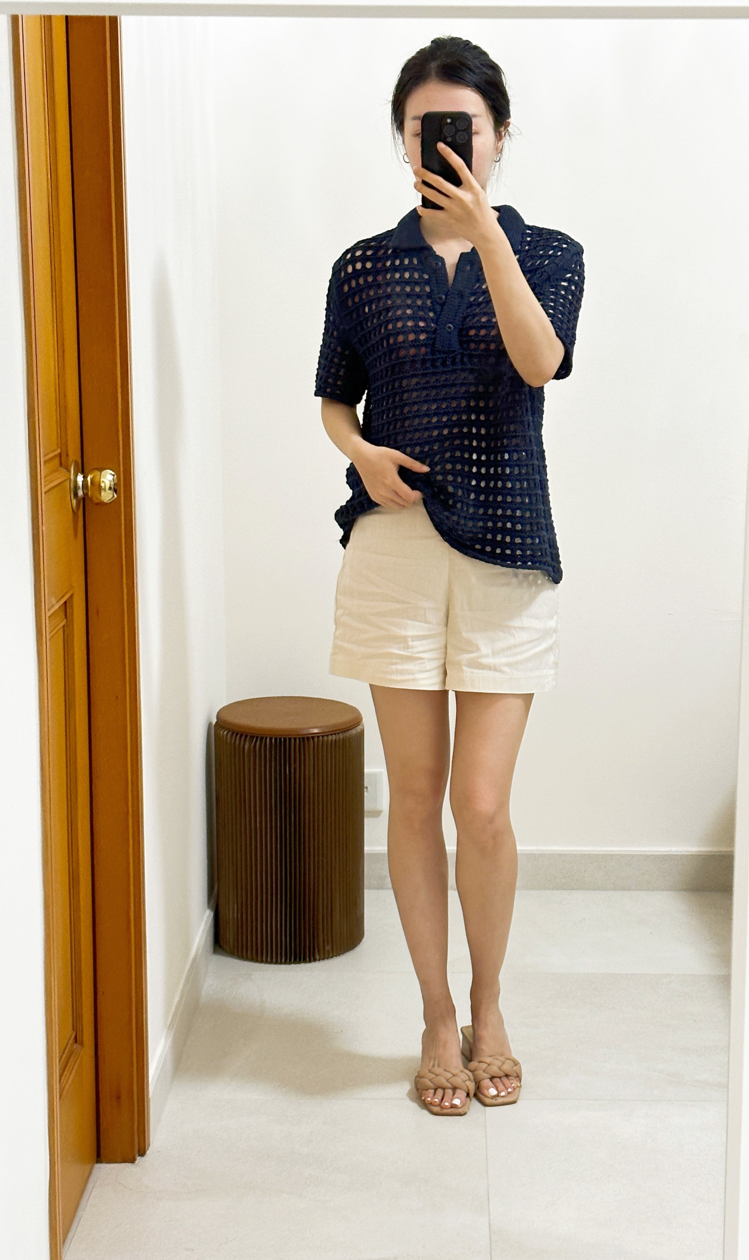 Korean Knit Hole Polo Top in Navy