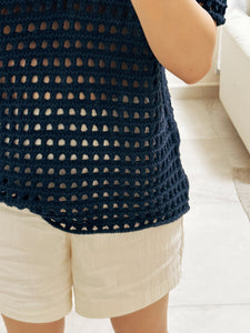 Korean Knit Hole Polo Top in Navy