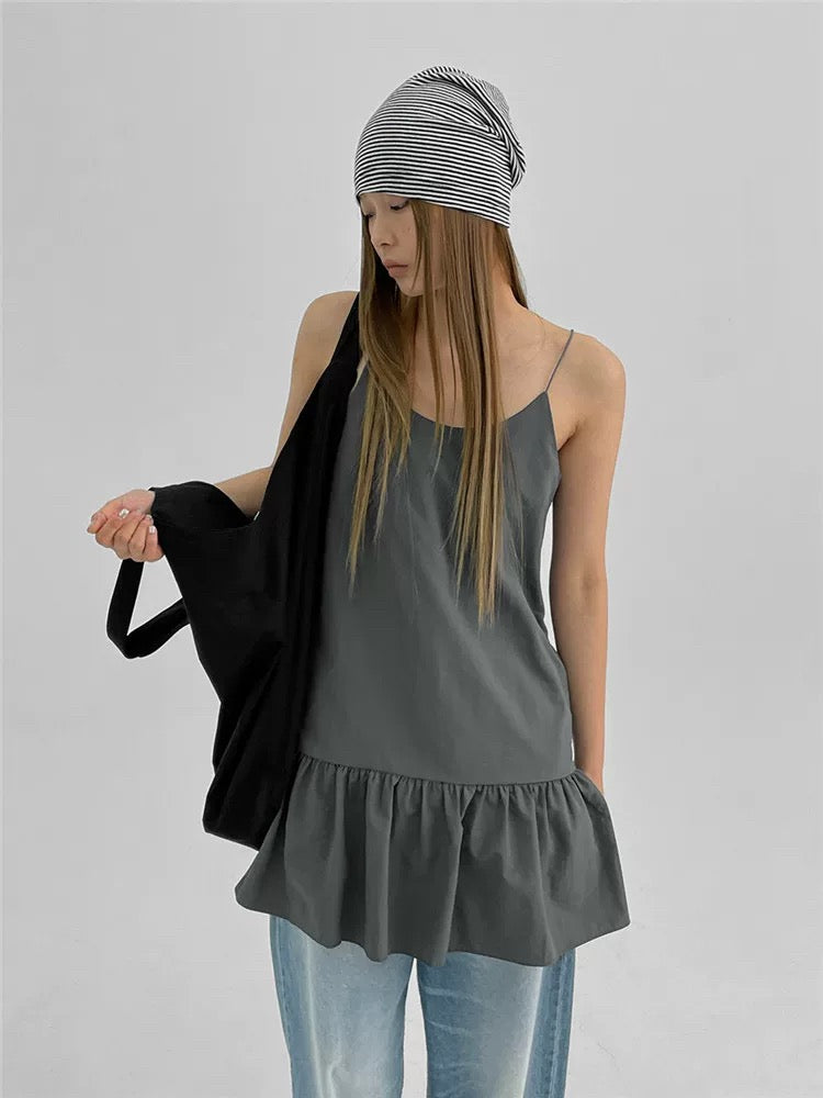 Korean Textured Cami Shift Dress in Grey