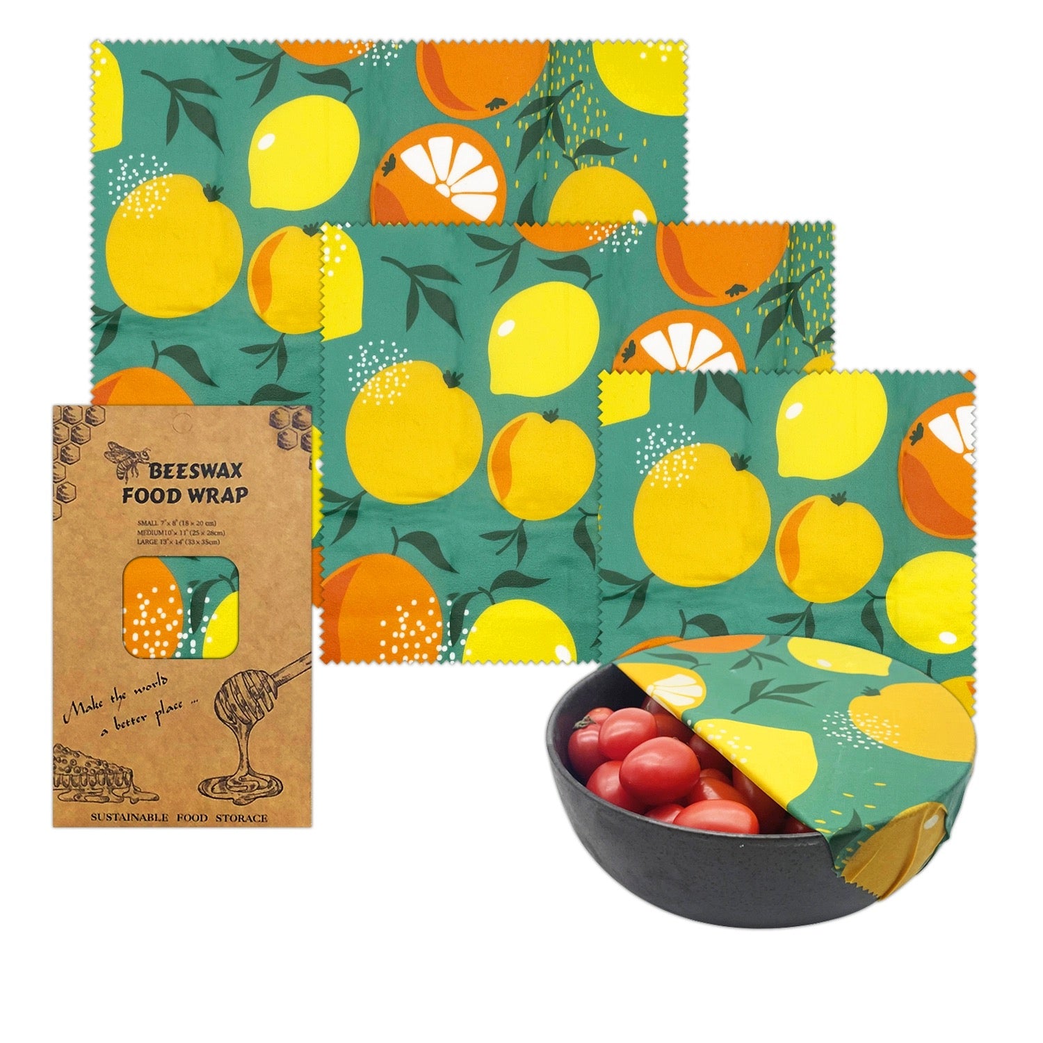 Set of 3 Organic Cotton Beeswax Wraps + String Tie [ 28 Designs]