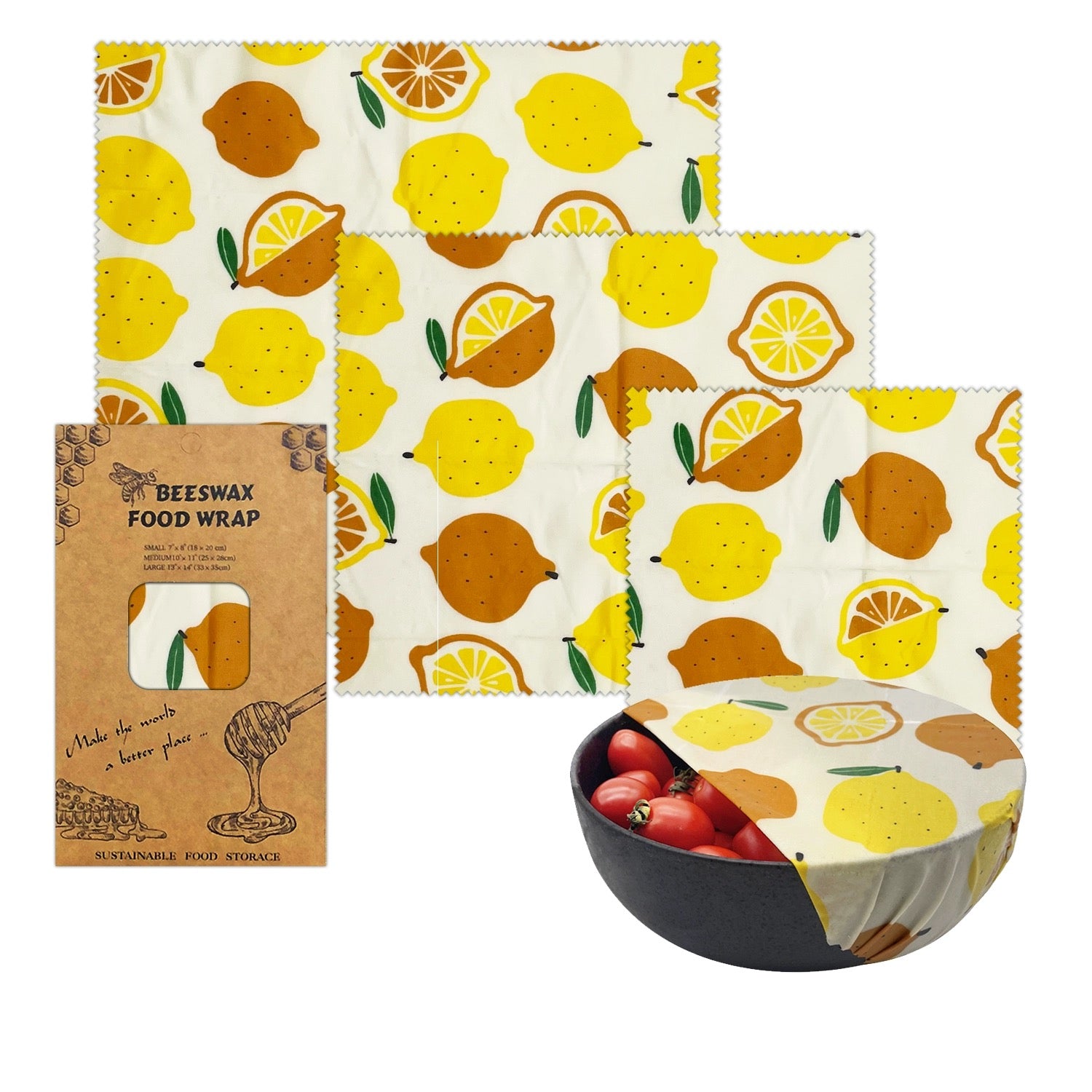 Set of 3 Organic Cotton Beeswax Wraps + String Tie [ 28 Designs]