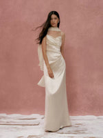 Load image into Gallery viewer, [Customizable] Satin Drape Gathered Gown + Sash Gown in Champagne
