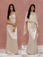 Load image into Gallery viewer, [Customizable] Satin Drape Gathered Gown + Sash Gown in Champagne
