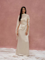 Load image into Gallery viewer, [Customizable] Satin Drape Gathered Gown + Sash Gown in Champagne
