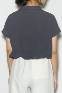 Linen Blend V-Collar Top in Blue Grey