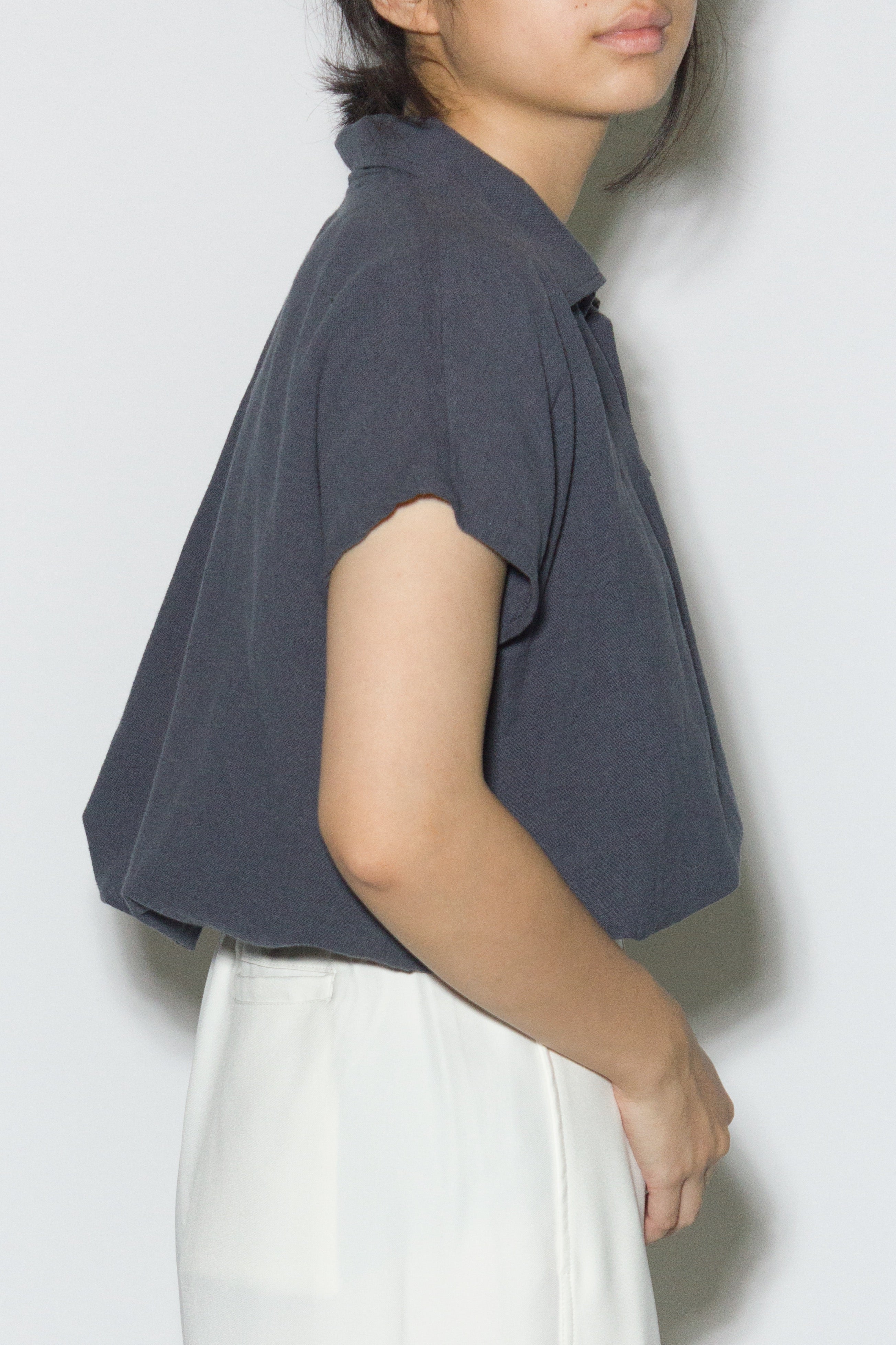 Linen Blend V-Collar Top in Blue Grey