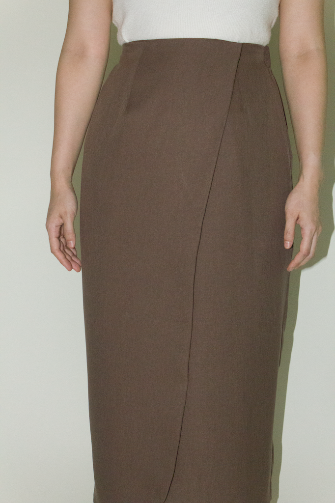 Japanese Twill Pocket Wrap Skirt in Brown