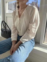 Load image into Gallery viewer, [Ready to Ship] Korean Satin Ribbon Tie Blouse in Champagne
