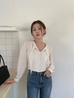 Load image into Gallery viewer, [Ready to Ship] Korean Satin Ribbon Tie Blouse in Champagne
