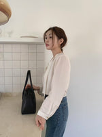 Load image into Gallery viewer, [Ready to Ship] Korean Satin Ribbon Tie Blouse in Champagne
