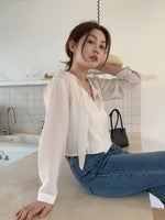 Load image into Gallery viewer, [Ready to Ship] Korean Satin Ribbon Tie Blouse in Champagne

