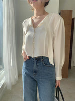Load image into Gallery viewer, [Ready to Ship] Korean Satin Ribbon Tie Blouse in Champagne
