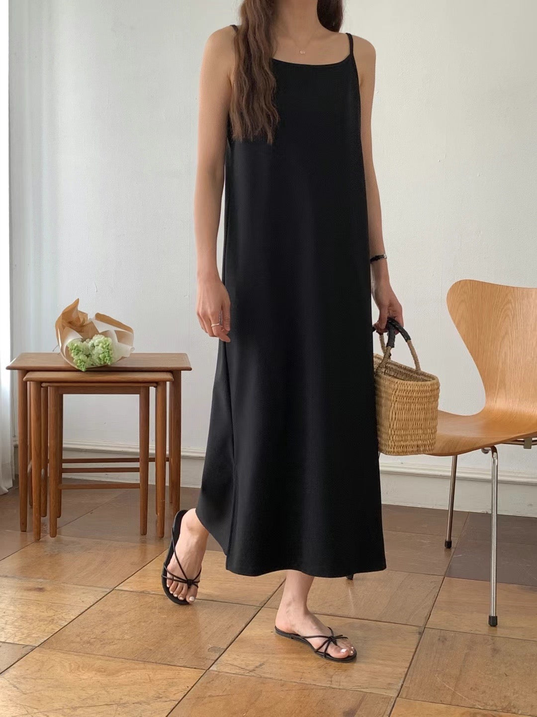 Korean Classic Cami Slip Dress in Black