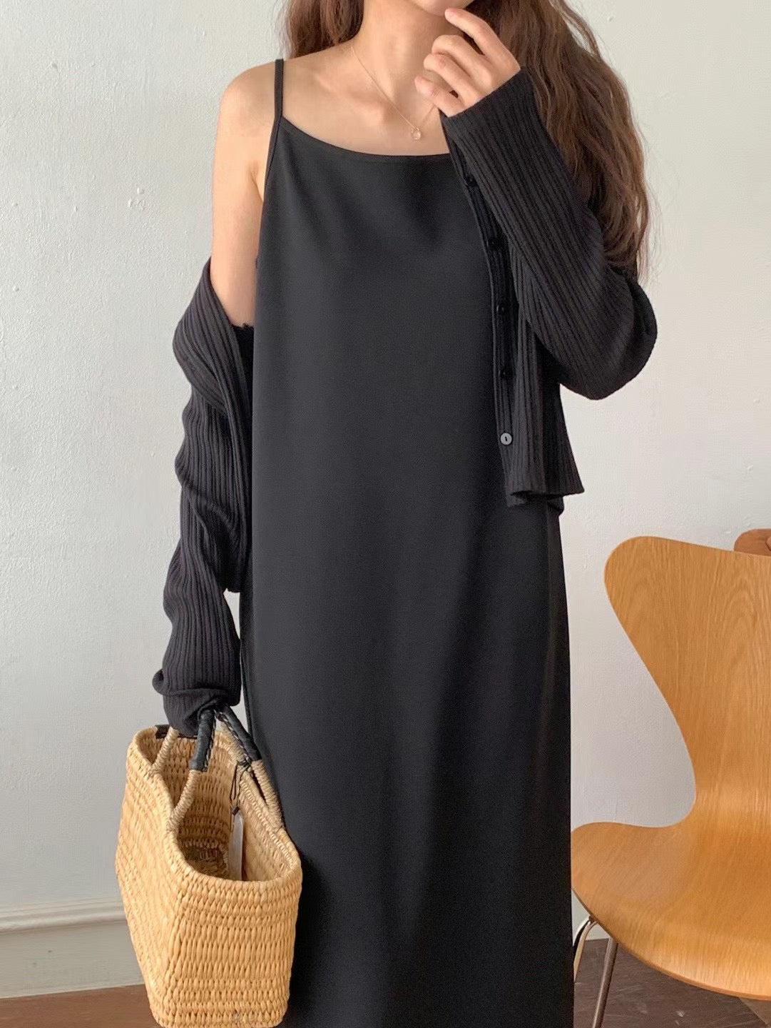 Korean Classic Cami Slip Dress in Black