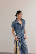 Load image into Gallery viewer, Denim Utility Maxi Jumpsuit in Blue
