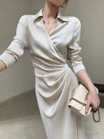 Load image into Gallery viewer, [Ready Stock] Satin Textured Wrap Shirt Dress in Cream
