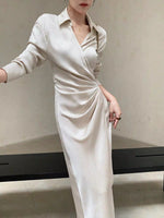 Load image into Gallery viewer, [Ready Stock] Satin Textured Wrap Shirt Dress in Cream
