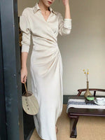 Load image into Gallery viewer, [Ready Stock] Satin Textured Wrap Shirt Dress in Cream
